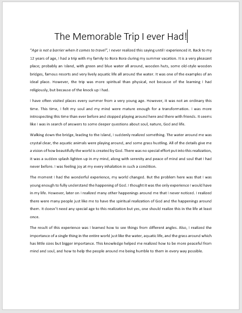 Personal Narrative Essay Example for High School 